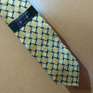 Alexander Julian Colours silk tie, blue yellow silver geometric pattern 3.75” eg